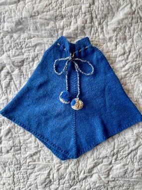 Hand-Knit Blue Kids Poncho with Pom-Pom Tie